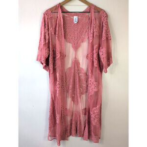 Womens Pink Lace Kimono L-XL Cardigan Cover Up Sheer Boho Festival Duster Beach